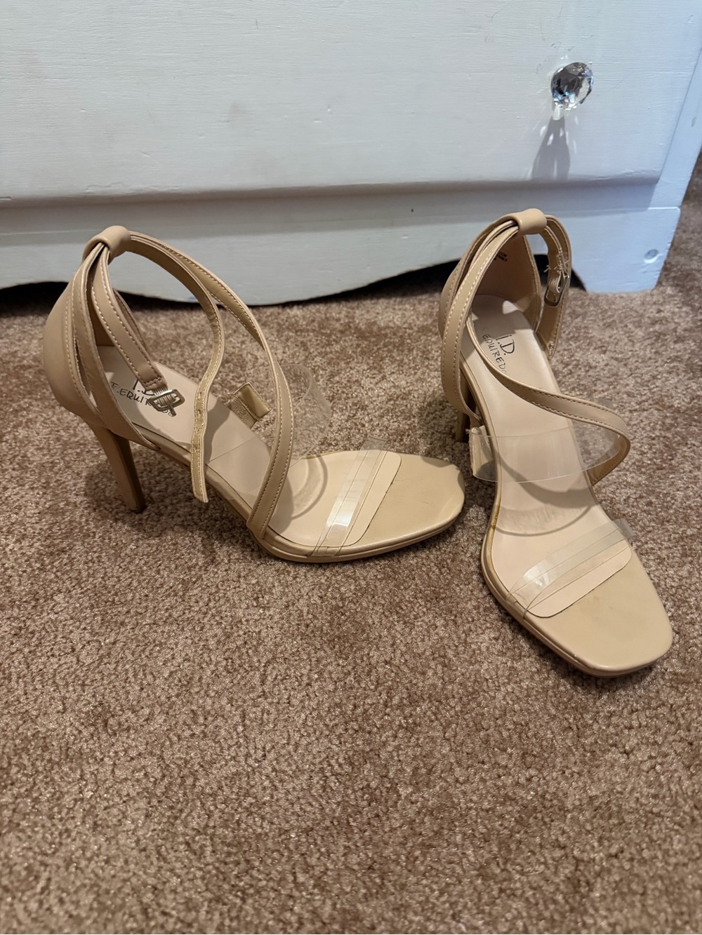 Neutral Beige Strappy High Heel Sandals with Clear Accents